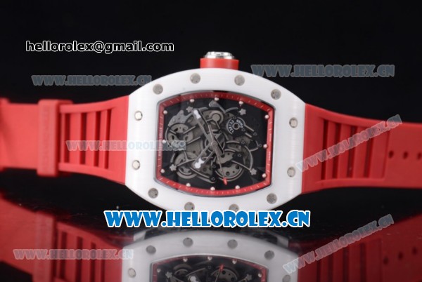 Richard Mille RM 055 Miyota 9015 Automatic Steel Case with Skeleton Dial Dot Markers White Ceramic Bezel and Red Rubber Strap - Click Image to Close